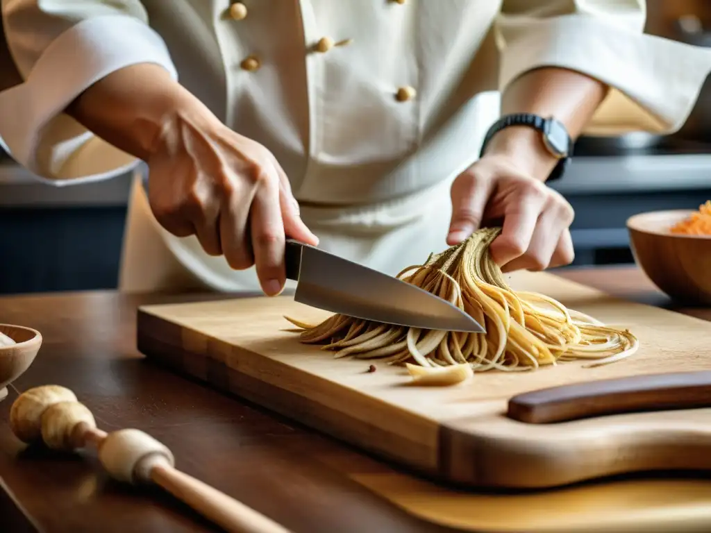 Un chef coreano corta ginseng en una cocina tradicional coreana, con un cuchillo afilado