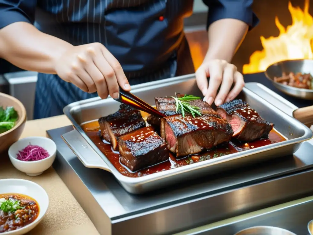 Un chef coreano marina expertamente costillas para la receta tradicional galbi coreano en una cocina tradicional llena de calidez y autenticidad