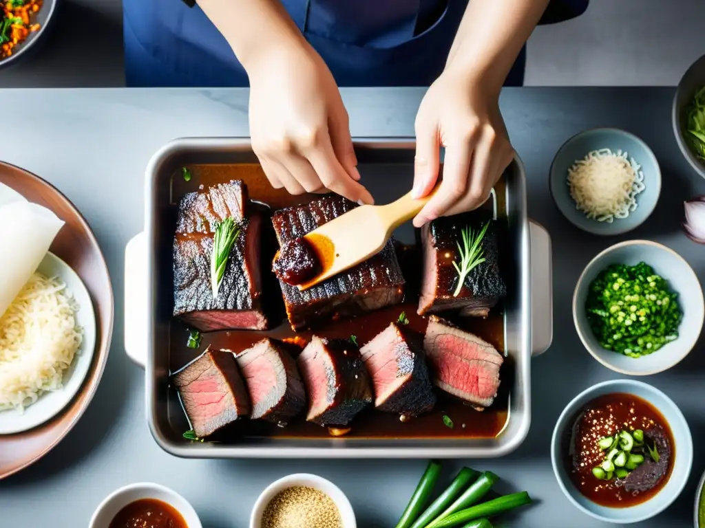 Un chef coreano marina con cuidado costillas de res en salsa de soja, mostrando la tradición y sabor de la receta tradicional galbi coreano