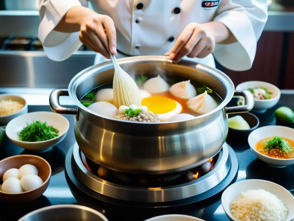 Un chef coreano prepara con cuidado una gran olla de Samgyetang, añadiendo ginseng, ajo y dátiles chinos