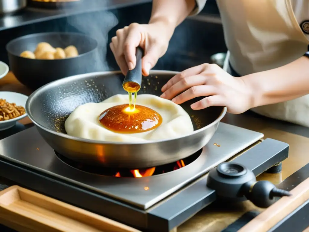 Un chef coreano prepara con destreza galletas tradicionales coreanas Yakgwa en una cocina tradicional llena de utensilios y ingredientes