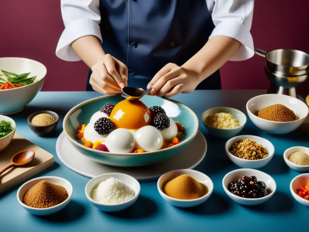 Un chef coreano prepara con destreza un plato tradicional de sundae, inmerso en la cultura culinaria coreana tradicional