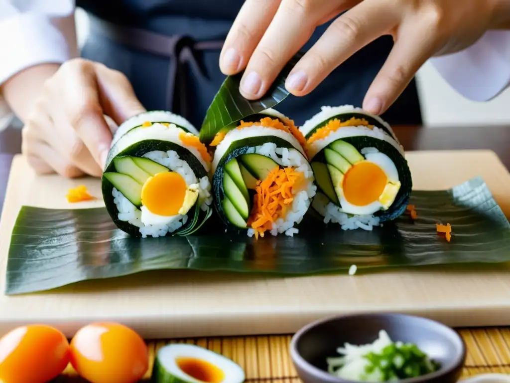 Un chef coreano tradicionalmente prepara con destreza un gimbap, mostrando la precisión y el arte detrás de este plato