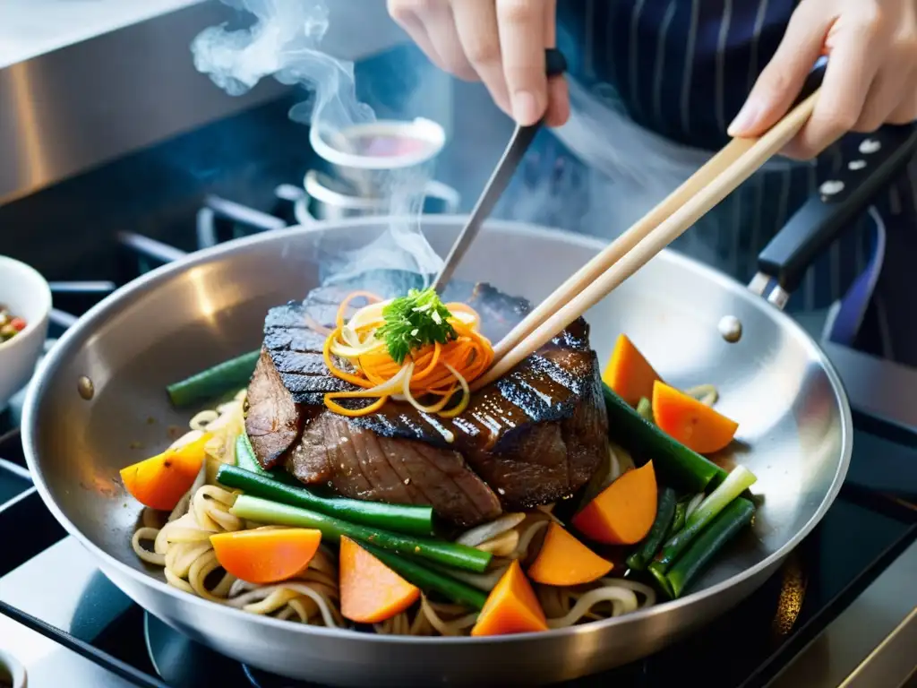 Un chef coreano prepara con destreza una receta tradicional japchae cristal coreano, mientras el vapor y los colores crean una escena cautivadora