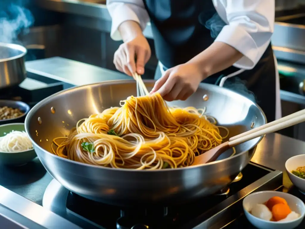 Un chef coreano prepara con destreza la receta tradicional japchae cristal coreano en una cocina tradicional