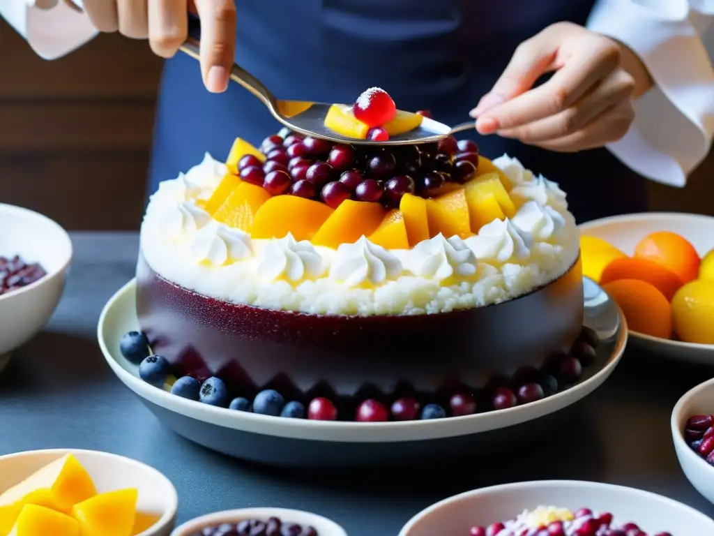 Un chef coreano experto prepara un delicioso patbingsu, destacando sus capas detalladas y vibrantes ingredientes