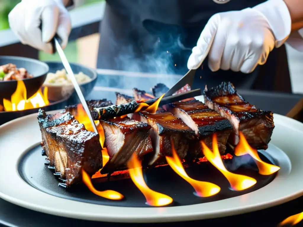 El chef coreano experto cocina galbi con maestría, capturando la esencia de la receta tradicional galbi coreano en una parrilla ardiente