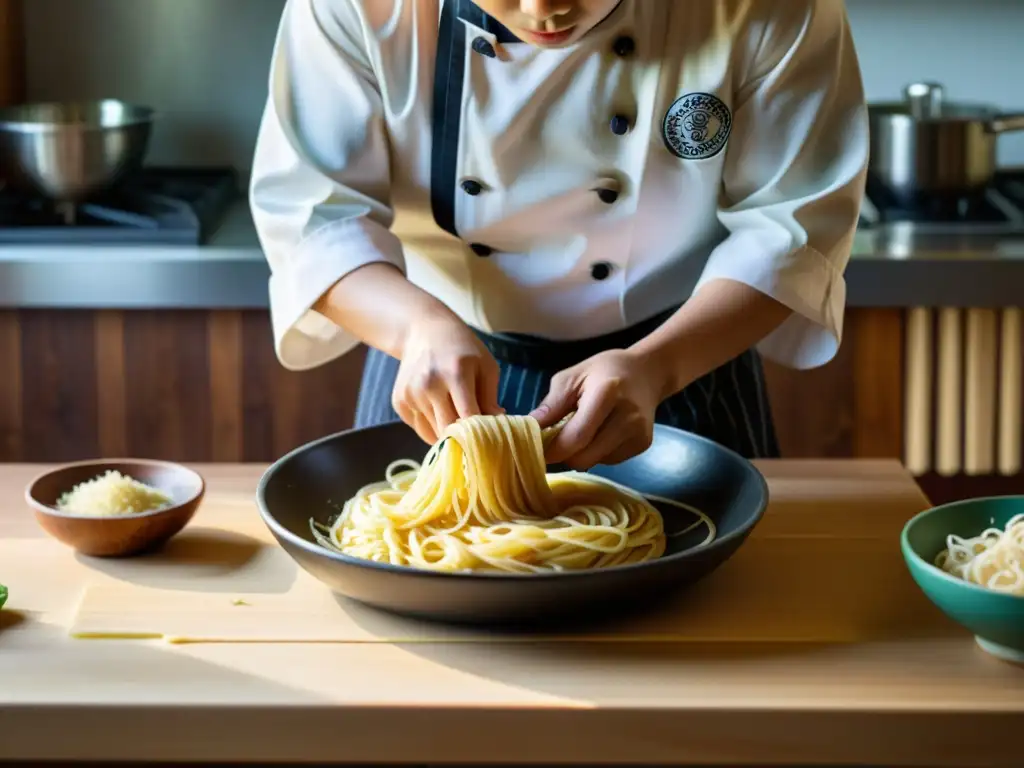 Un chef coreano experto prepara Fideos Janchi Guksu en una cocina tradicional, evocando celebración y orgullo culinario coreano