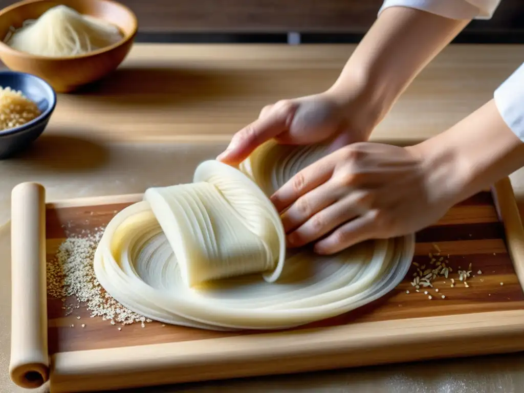 Un chef coreano experto en fideos Janchi Guksu celebra la elaboración de finos y traslúcidos fideos, en una cocina bulliciosa y ordenada