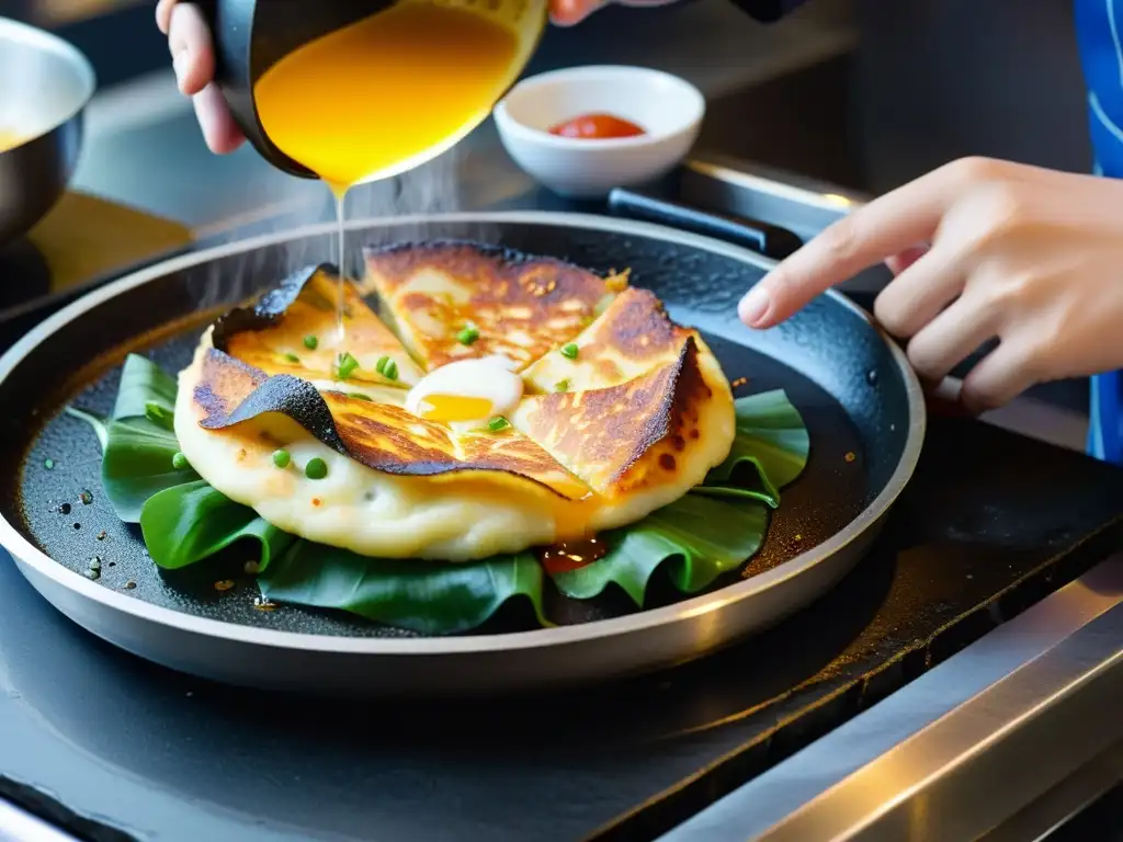 Un chef coreano experto cocina una torta de mariscos coreana auténtica en una sartén caliente, capturando los detalles y la esencia culinaria