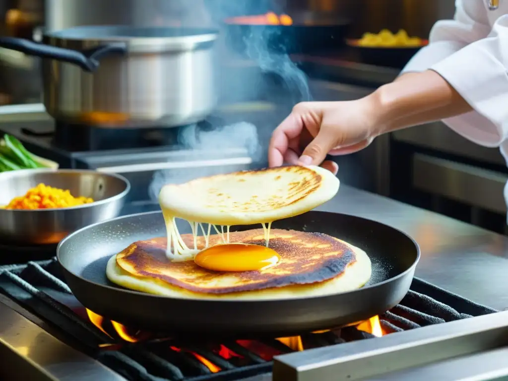 Un chef coreano experto voltea una tortilla coreana jeon en una bulliciosa cocina tradicional coreana