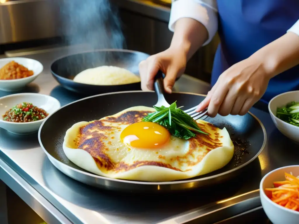 Un chef coreano experto prepara una tortilla coreana Jeon en una bulliciosa cocina tradicional coreana