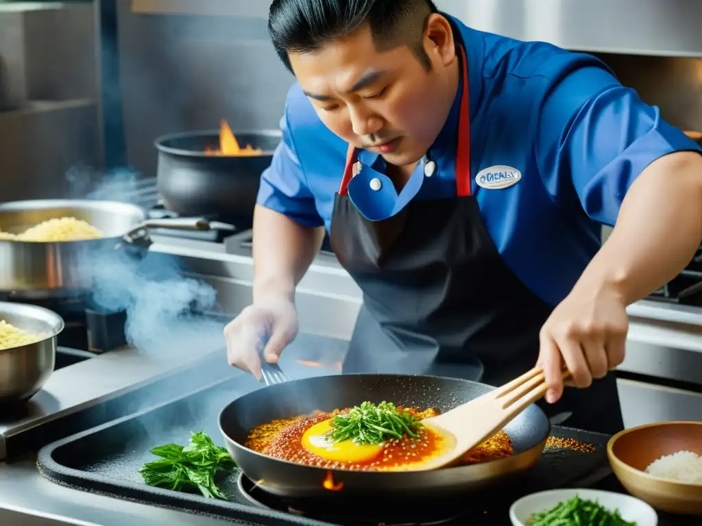 Un chef coreano experto en acción, preparando tortillas coreanas Jeon: recetas tradicionales con destreza y pasión