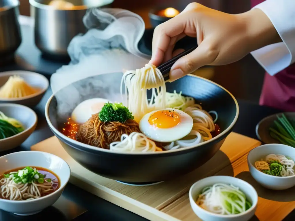 Un chef coreano prepara fideos fríos verano coreano con destreza, evocando la autenticidad y la tradición culinaria