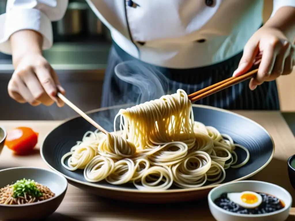 Un chef coreano hábilmente estira fideos de trigo sarraceno para hacer naengmyeon, con un ambiente documental inmersivo