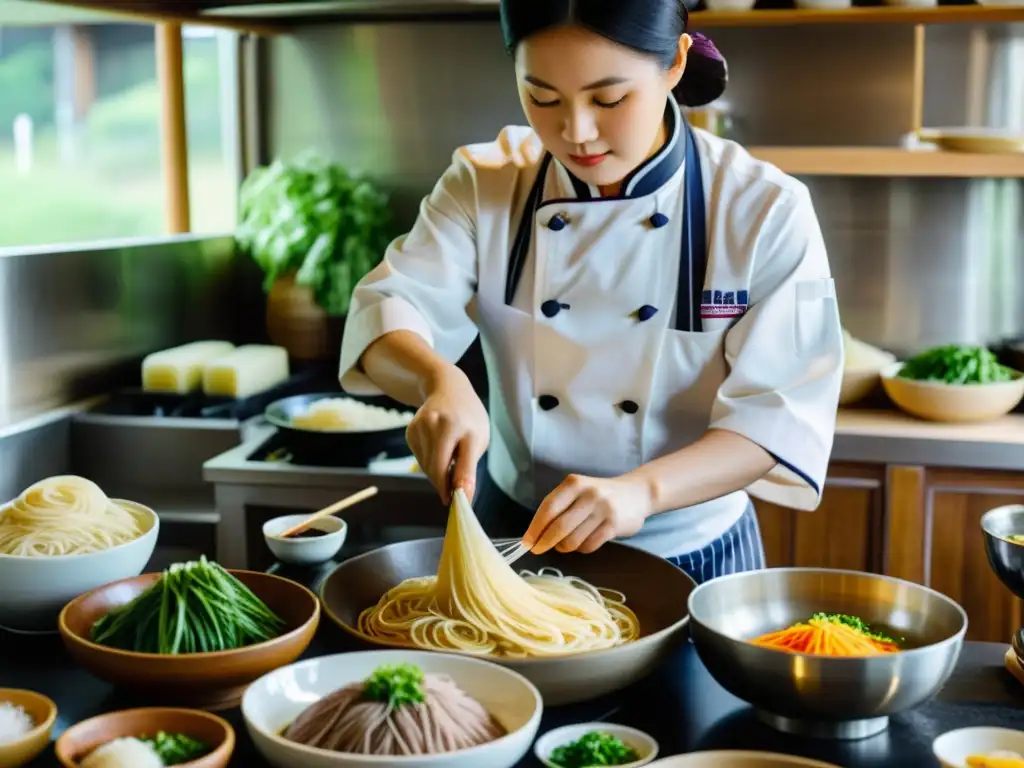 Un hábil chef coreano prepara a mano fideos fríos verano coreano, resaltando la tradición y arte culinario