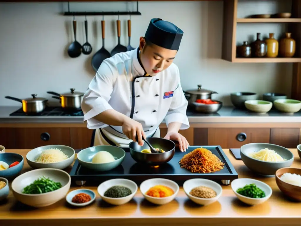 Un chef coreano crea una obra maestra culinaria tradicional con utensilios y ingredientes, capturando la cultura culinaria coreana tradicional