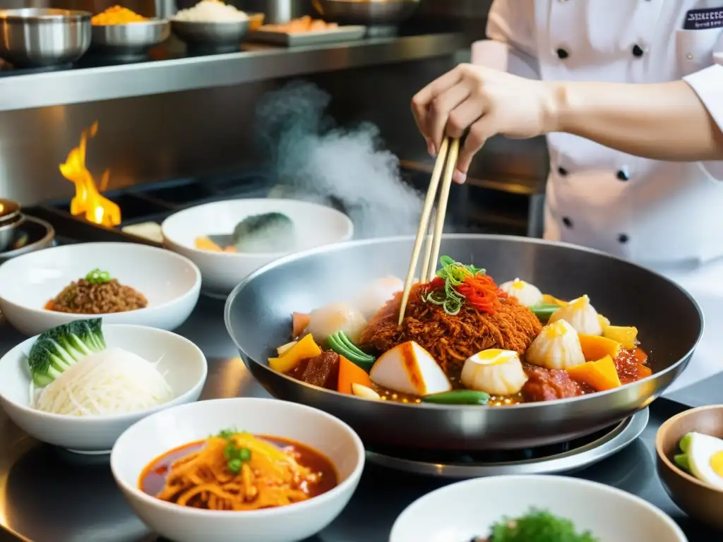 Chef coreano prepara plato tradicional con ingredientes frescos en cocina gourmet