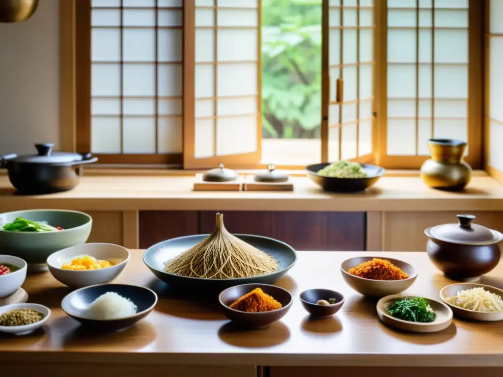 Un chef coreano prepara plato tradicional con ginseng en cocina detallada y utensilios variados