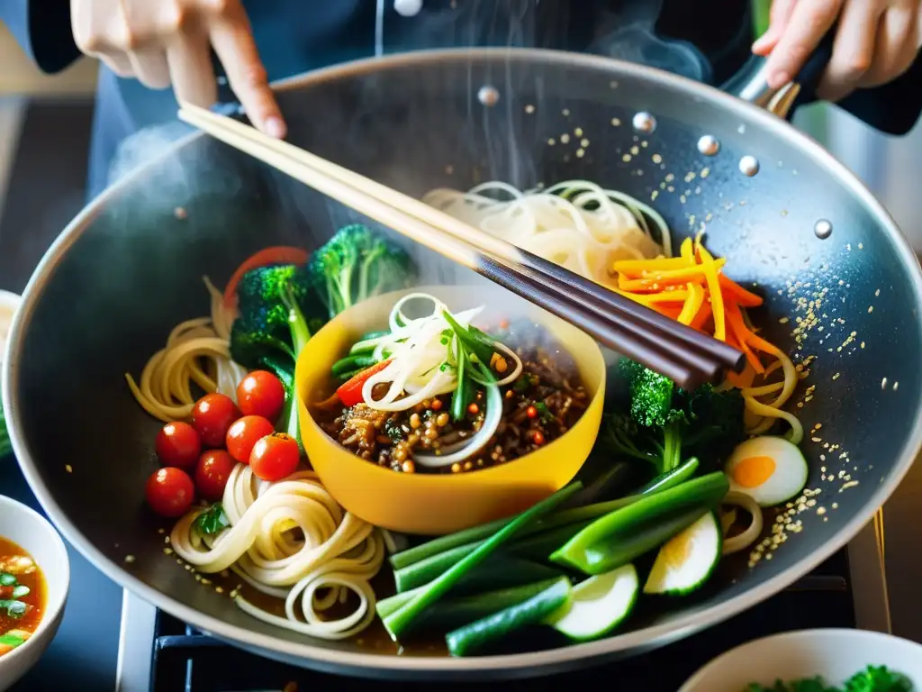 Un chef coreano tradicional prepara japchae en un wok, creando una atmósfera de maestría culinaria y placer sensorial