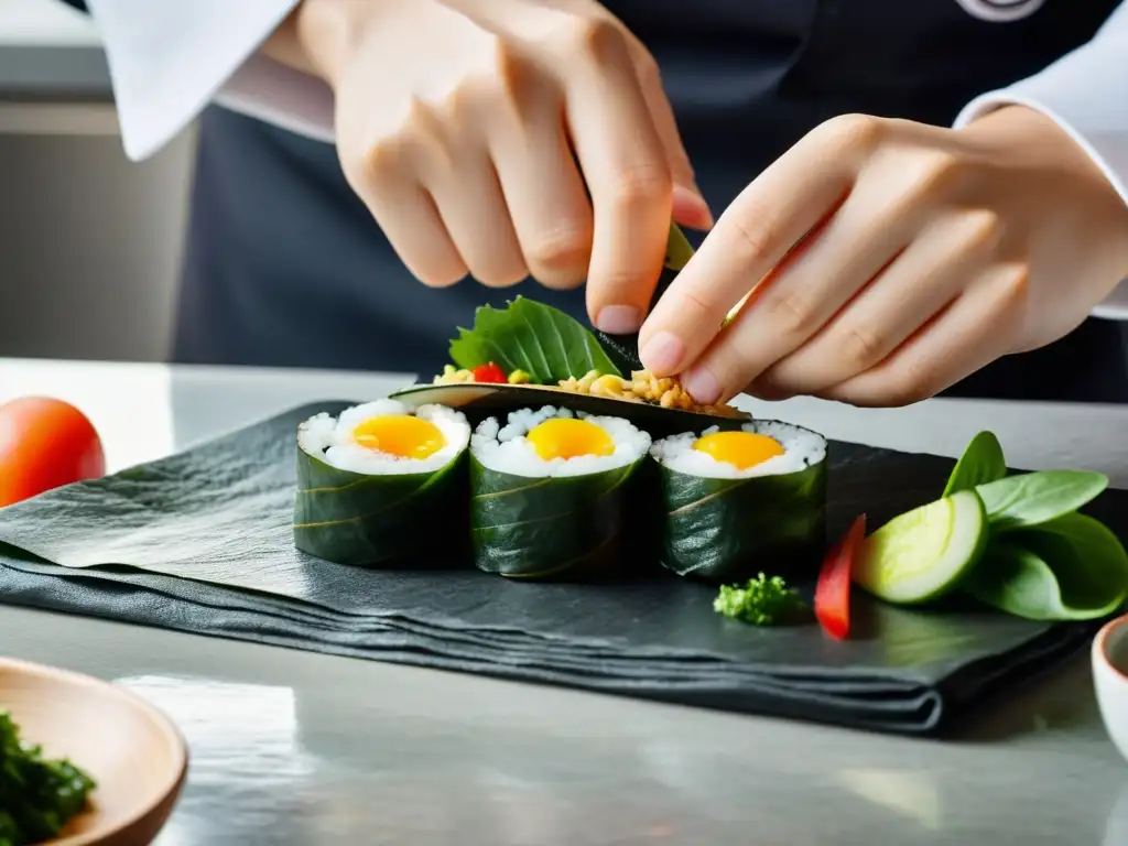 Un chef prepara gimbap coreano tradicional con un toque moderno en una cocina elegante, fusionando tradición y sabor