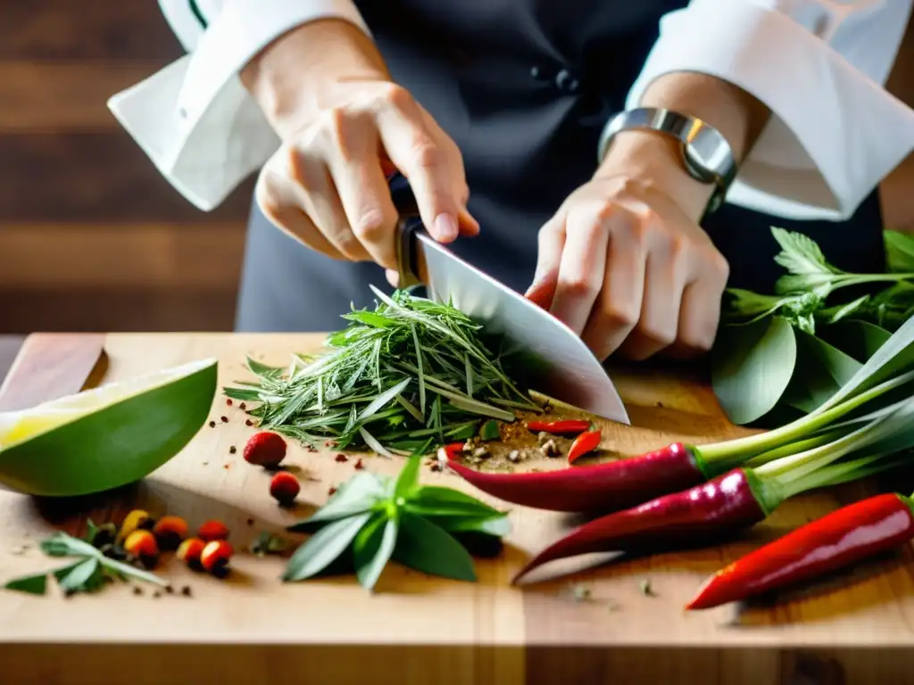 Un chef corta con precisión hierbas y especias asiáticas frescas, revelando secretos culinarios de la cocina asiática