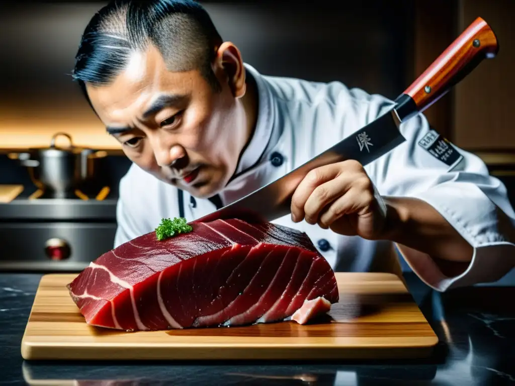 Chef Nobu Matsuhisa corta hábilmente un fresco atún, mostrando la intensidad de su filosofía culinaria