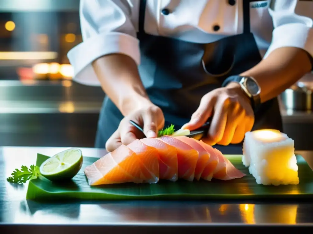 Un chef corta con precisión un exquisito sashimi, revelando frescos ingredientes inusuales en restaurantes asiáticos