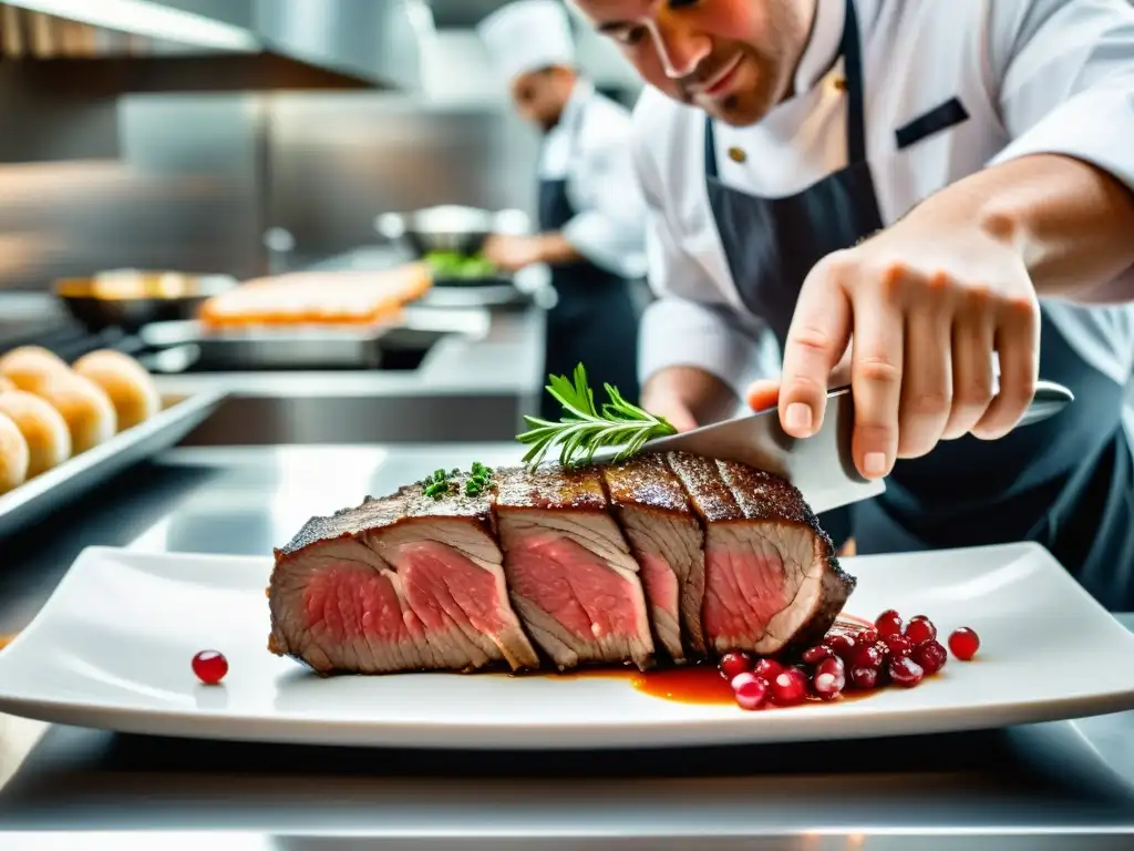 Un chef corta con precisión un exquisito filete marmoleado, creando una obra maestra culinaria