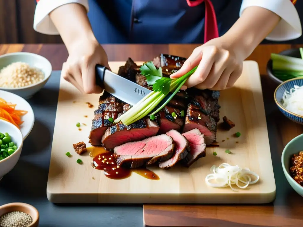 Un chef en hanbok corta bulgogi con precisión rodeado de ingredientes vibrantes, evocando la cocina coreana gourmet sabores intensos