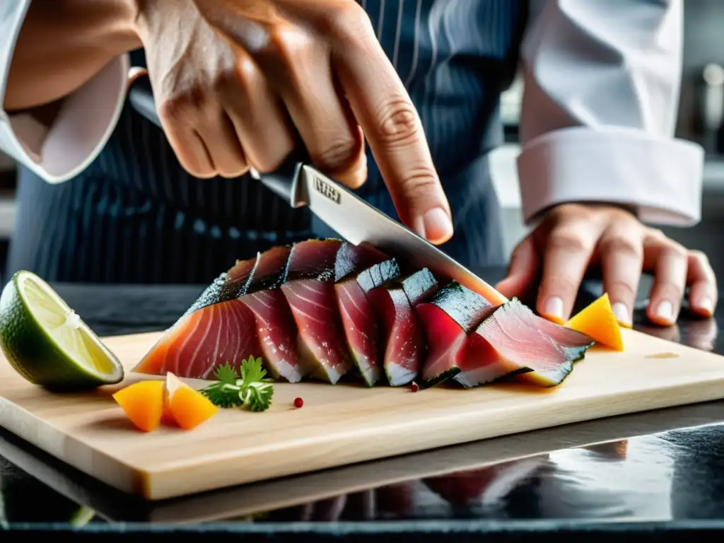 El chef de Nobu Matsuhisa meticulosamente corta sashimi de atún, mostrando su filosofía culinaria en una cocina moderna