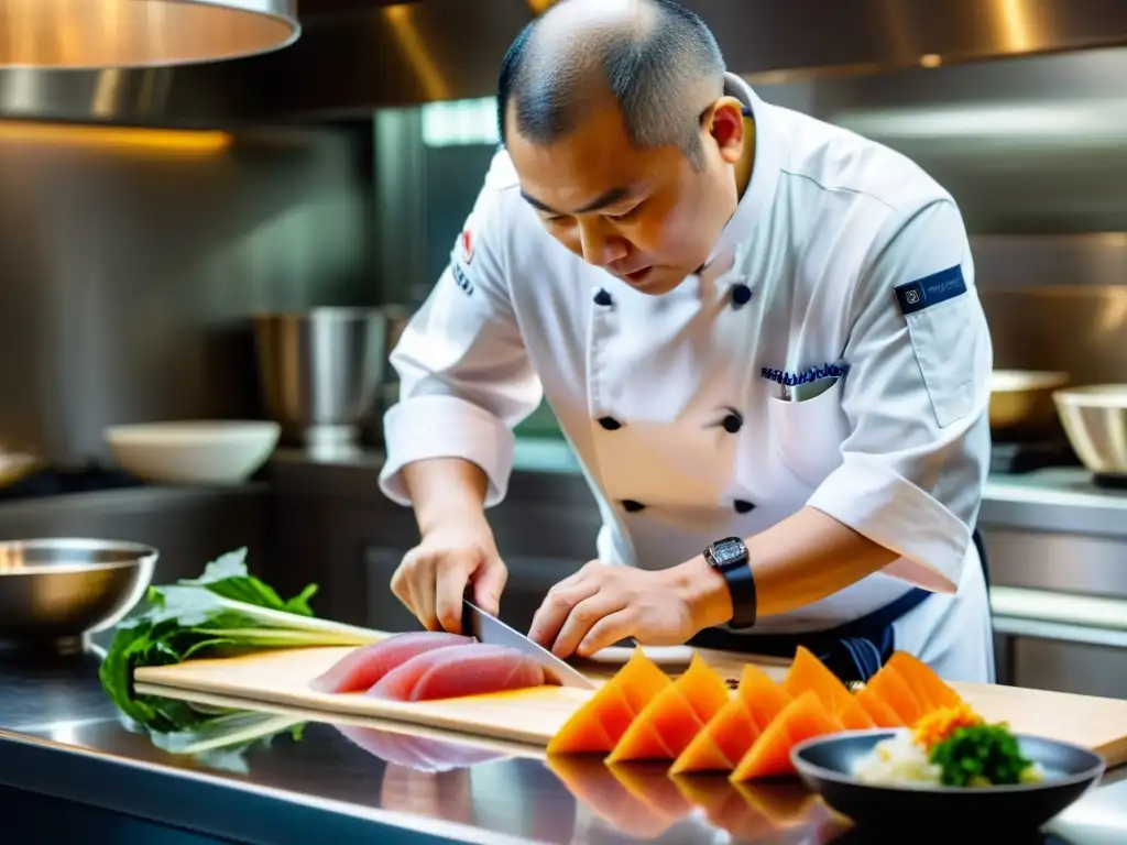 El chef Nobu Matsuhisa corta sashimi con precisión en su cocina, reflejando la filosofía culinaria de Nobu Matsuhisa