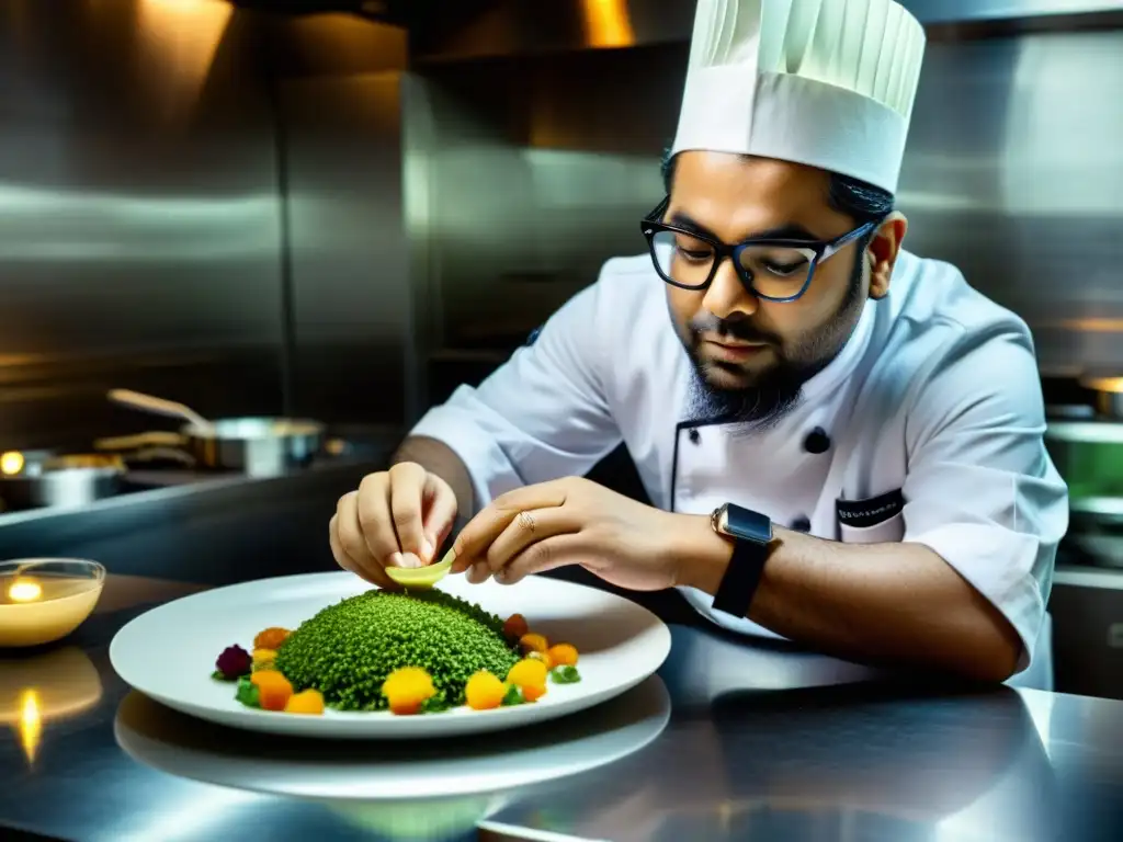 El chef Gaggan Anand prepara una creación impresionante de arte comestible en su cocina de vanguardia, mostrando su precisión y creatividad