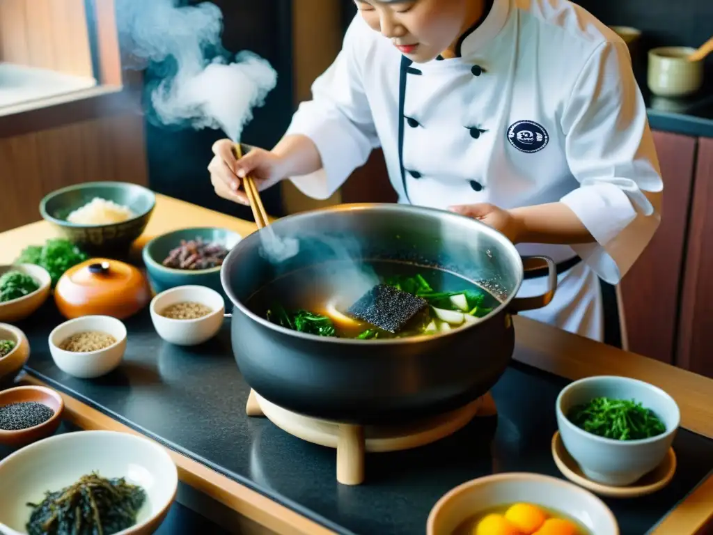 Un chef prepara con cuidado una olla humeante de Miyeokguk en una cocina coreana tradicional, con el aroma rico llenando el aire