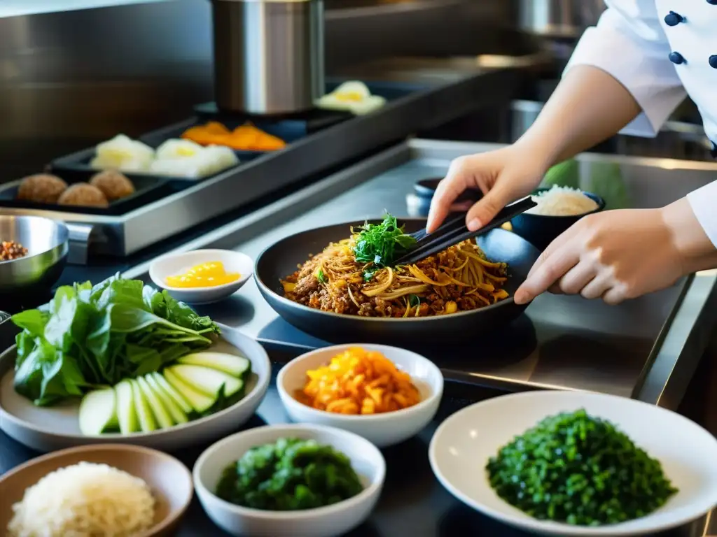 Un chef prepara con cuidado un plato coreano tradicional, mostrando la vibrante mezcla de sabores y texturas