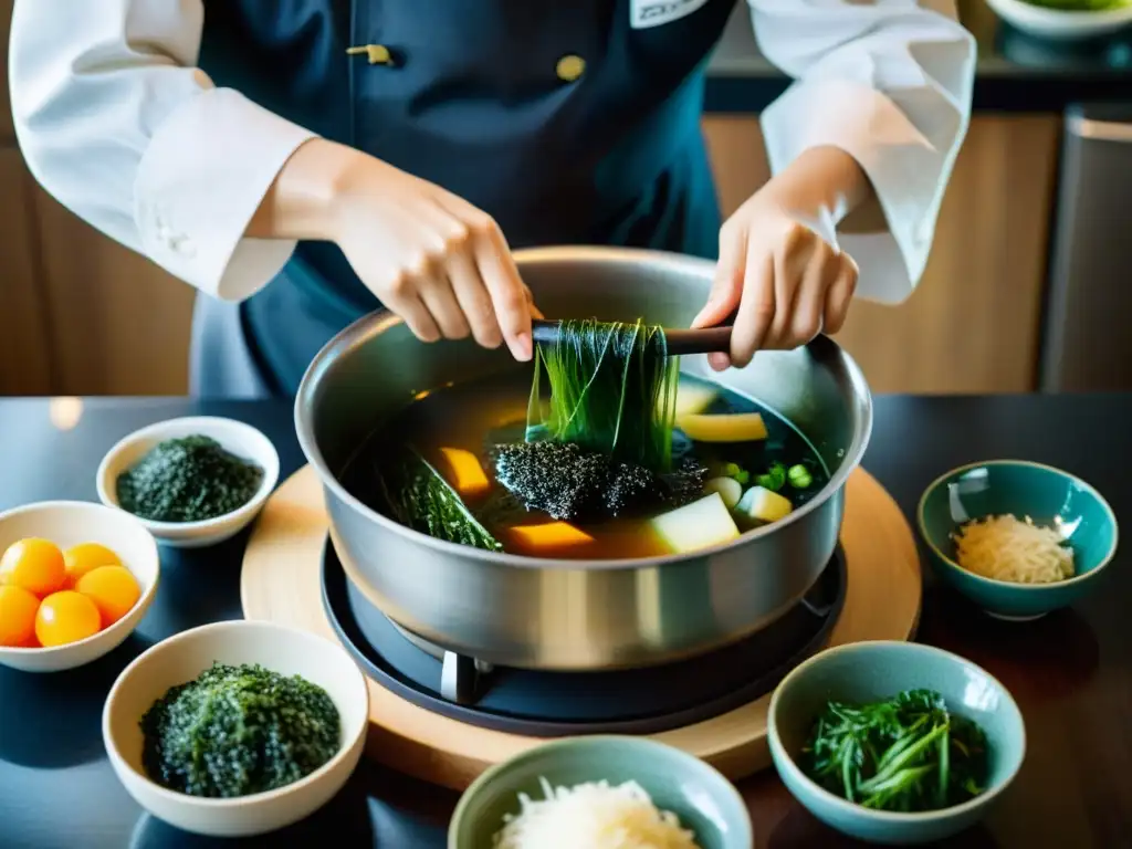 Un chef prepara con cuidado la Sopa de algas coreana receta tradicional en una cocina tradicional coreana, mostrando arte culinario y calidez