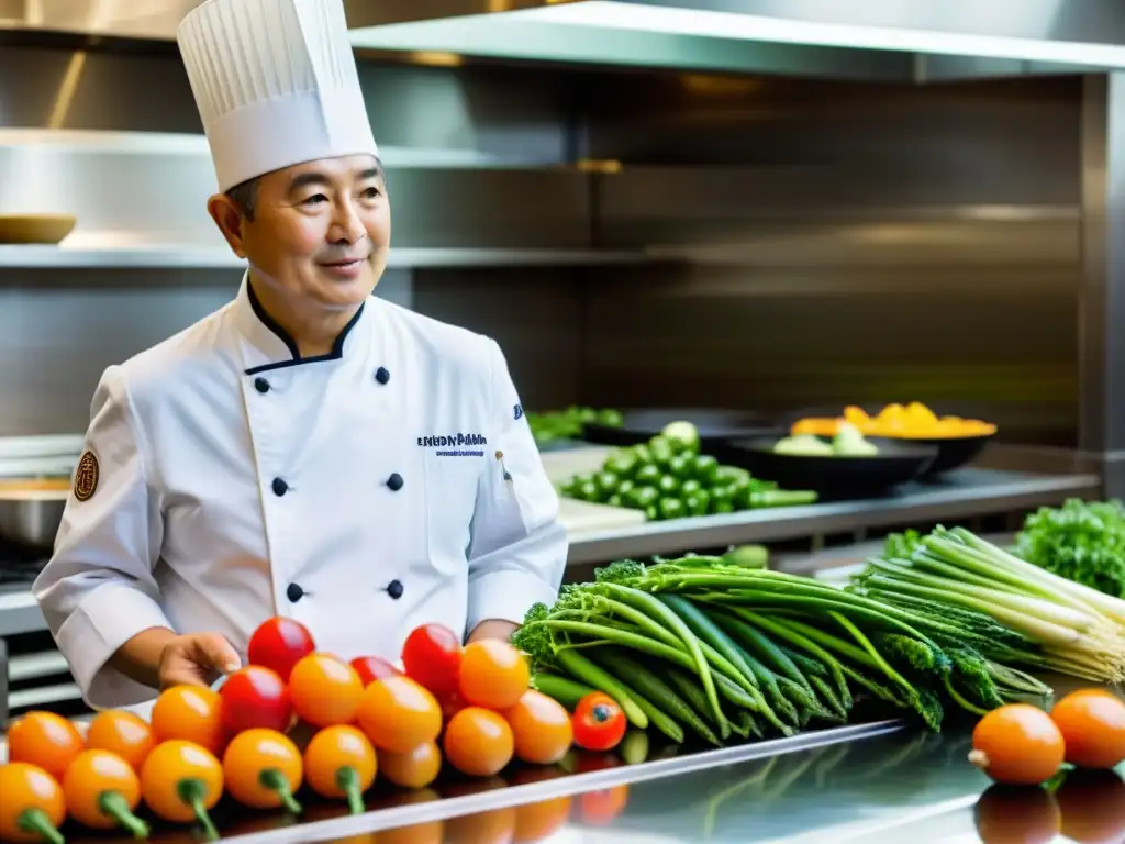 Chef Nobu Matsuhisa inspecciona con cuidado vegetales frescos en su bulliciosa cocina, reflejando la filosofía culinaria de Nobu Matsuhisa