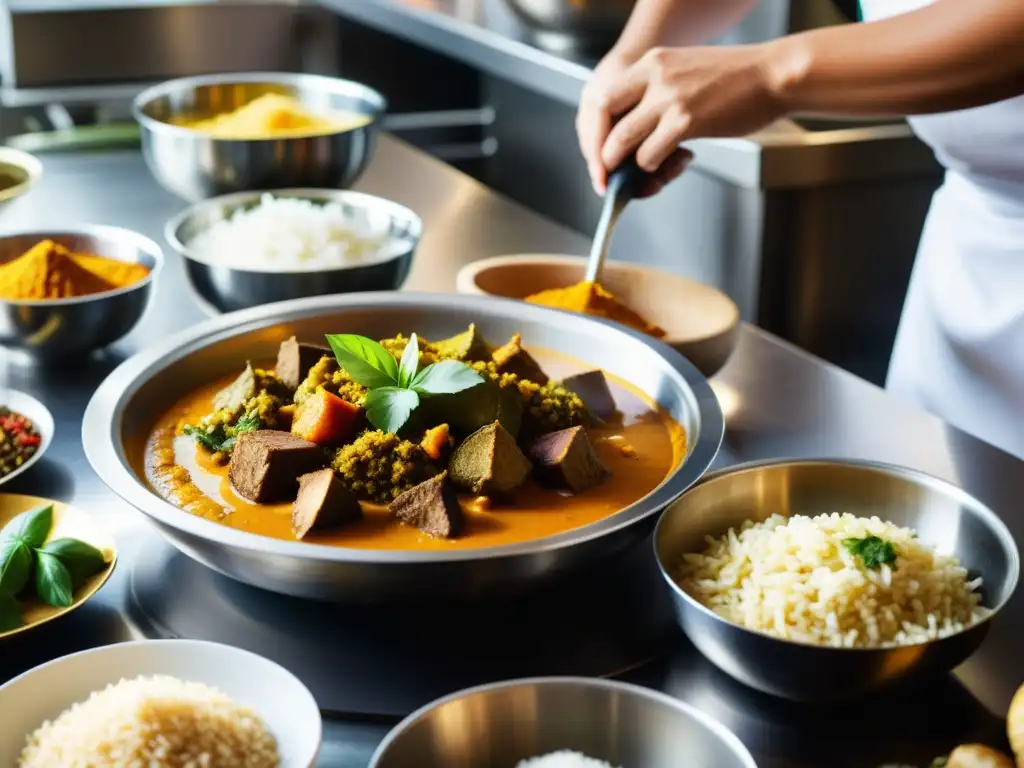 Un chef prepara un curry indio en una cocina bulliciosa, fusionando la cocina india con sabores internacionales