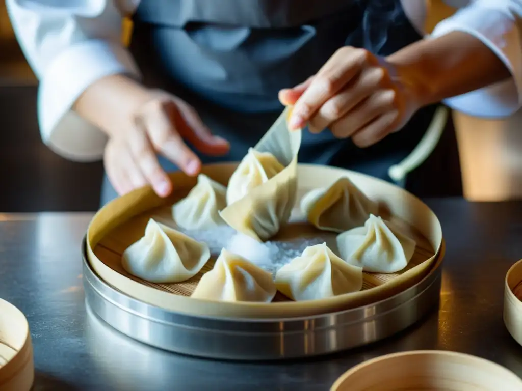 Un chef hábil prepara expertamente dumplings, mostrando la divulgación de saberes tradicionales asiáticos en cada pliegue y gesto delicado