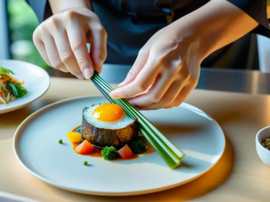 Un chef en un elegante restaurante en Seúl prepara un exquisito plato asiático, fusionando tradición e innovación