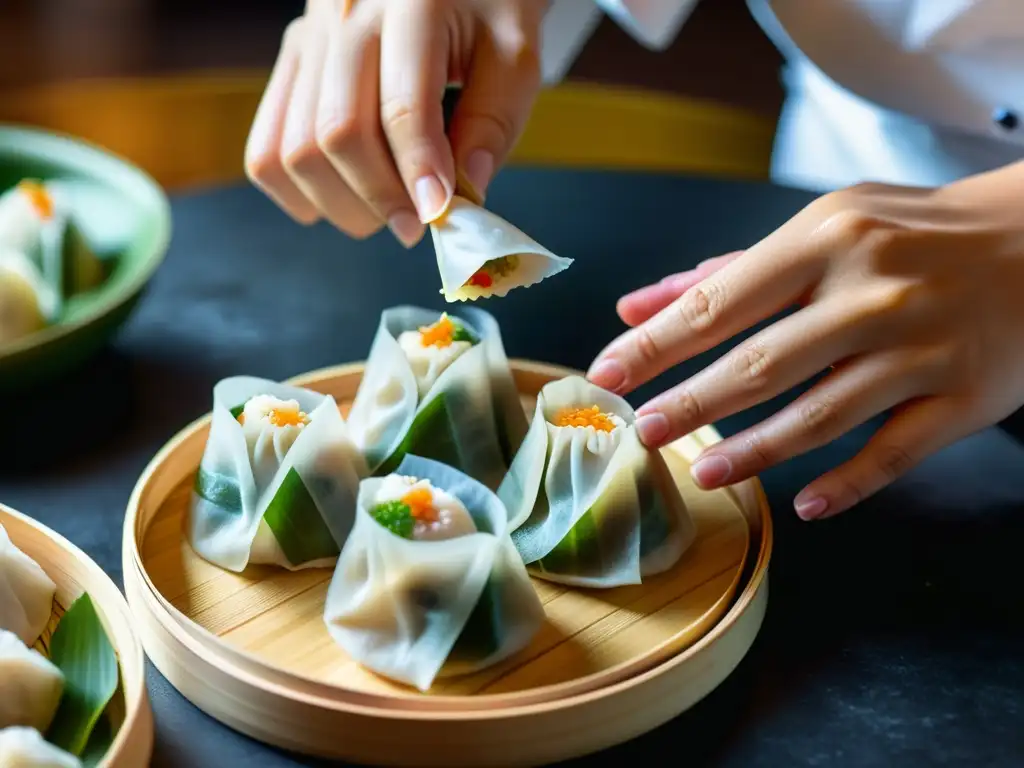 Un chef hábil dobla expertamente envolturas de dim sum alrededor de un relleno delicioso, con vapor de fondo