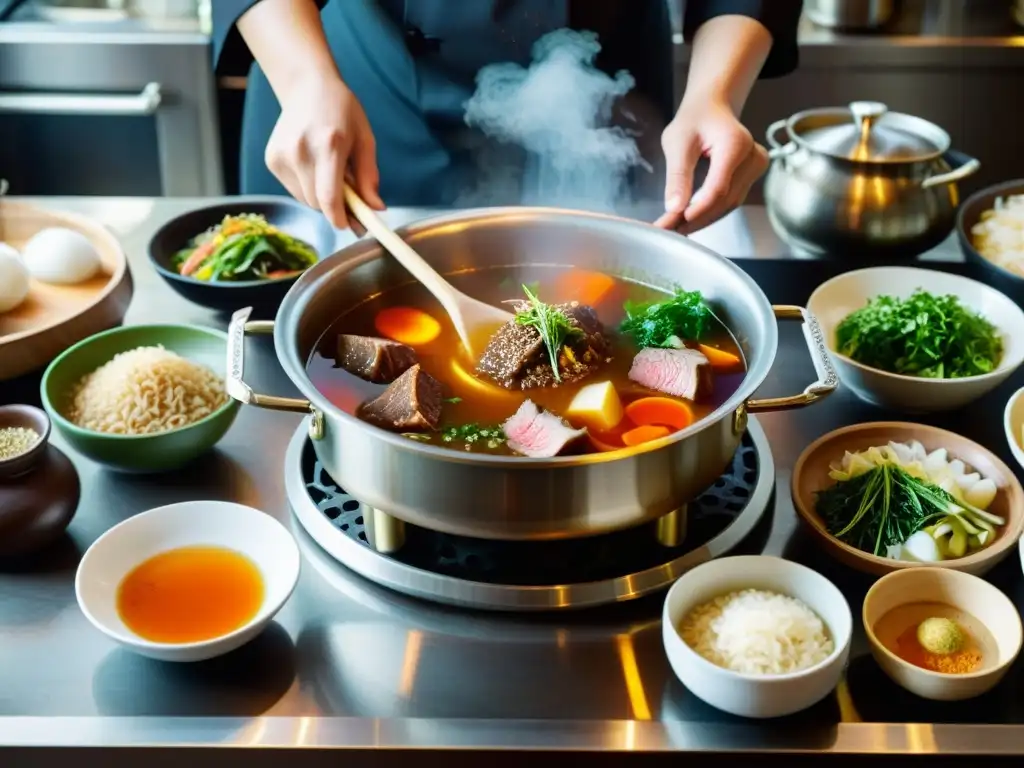 Un chef prepara con esmero una gran olla de rica sopa de huesos de res coreana en una cocina tradicional llena de ingredientes frescos y aromáticos