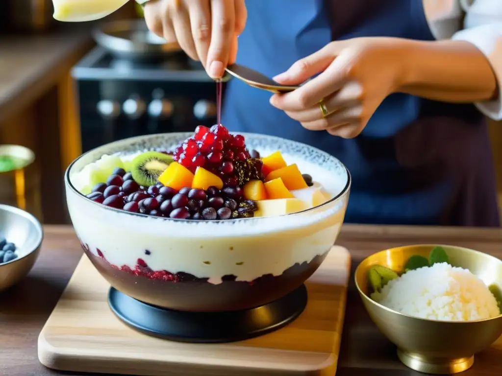 El chef prepara con esmero un patbingsu coreano en una cocina rústica, resaltando sus ingredientes y colores vibrantes