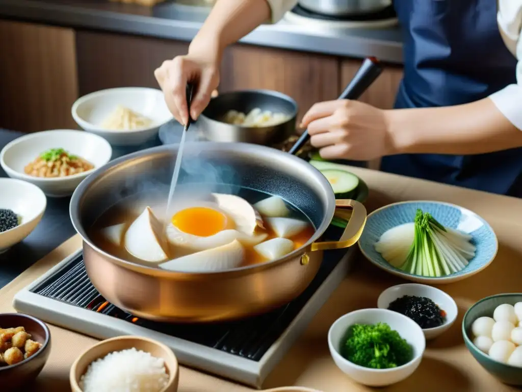 Un chef prepara con esmero una Sopa de pollo Ginseng beneficios en una cocina tradicional coreana, creando una hermosa escena culinaria