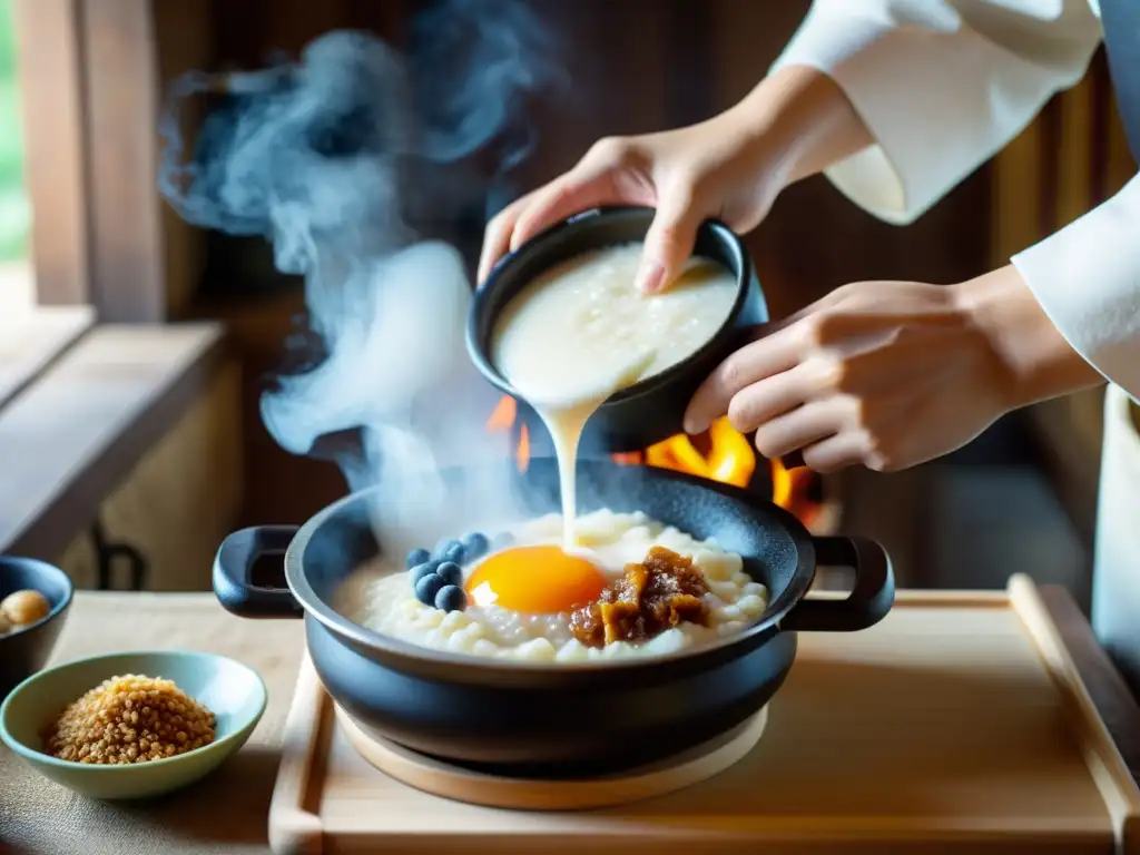 Un chef prepara con esmero un tradicional porridge coreano en una cocina rústica