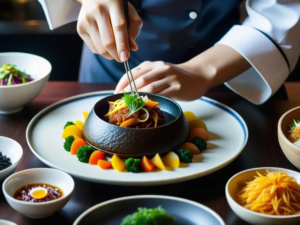 Un chef estrella Michelin prepara con destreza ingredientes secretos para un plato coreano, reflejando la exquisitez de la gastronomía