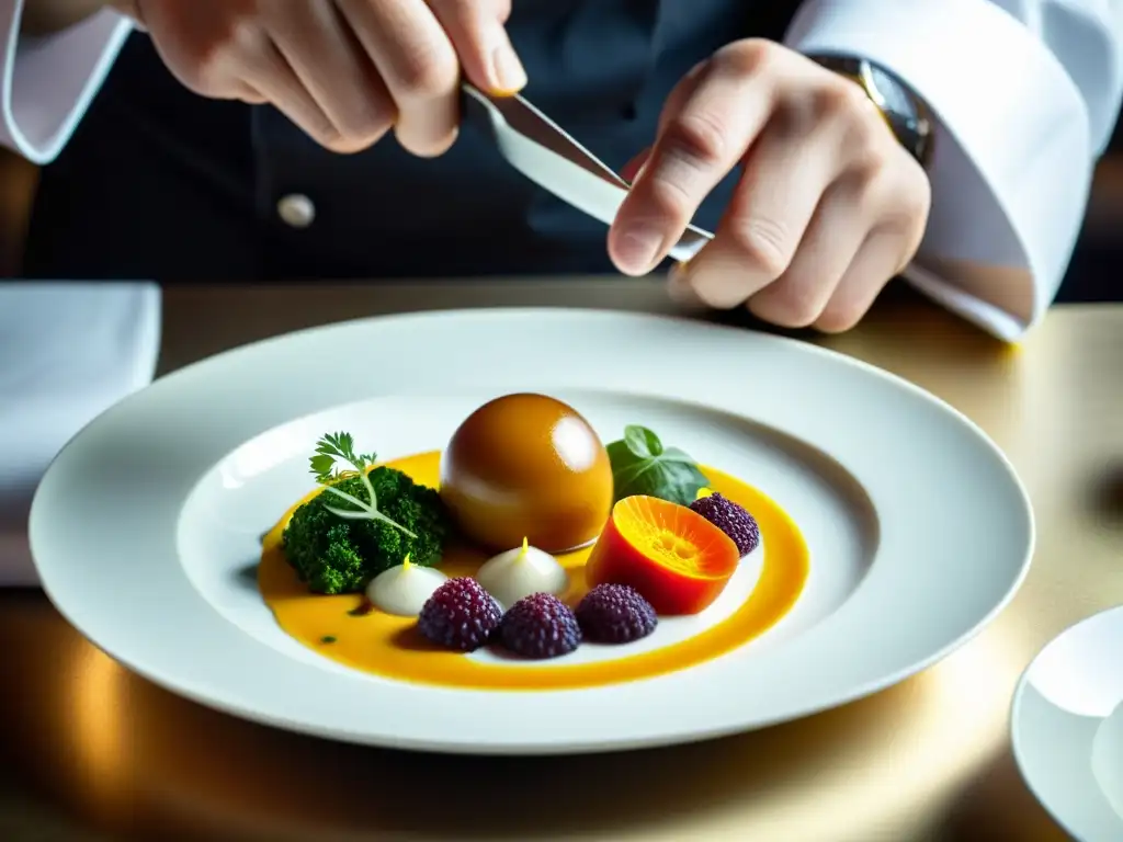 Chef estrella Michelin crea obra maestra culinaria Un chef de Estrella Michelin crea un exquisito plato en una cocina brillante