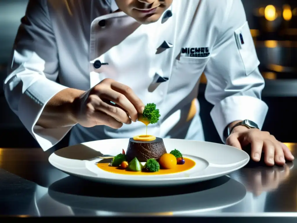 Chef Michelin estrella: plato artístico en cocina moderna Un chef de Estrella Michelin crea un exquisito plato en una cocina moderna