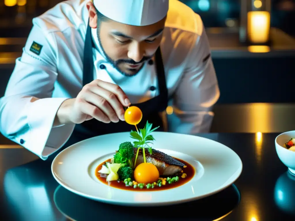 Un chef con Estrella Michelin plantea un exquisito plato en un restaurante de lujo, mostrando su compromiso con el medio ambiente