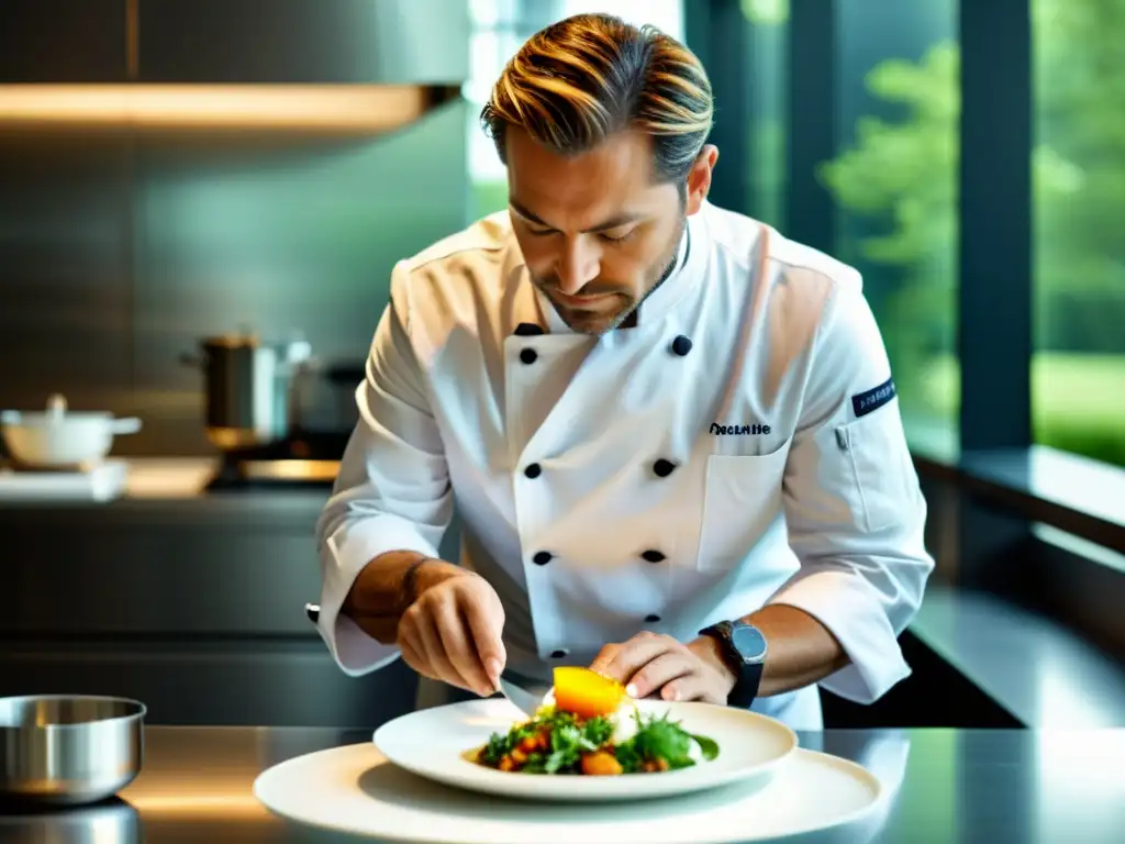 Chef Michelín crea plato exquisito Un chef estrella Michelin crea con maestría un exquisito plato en una cocina moderna